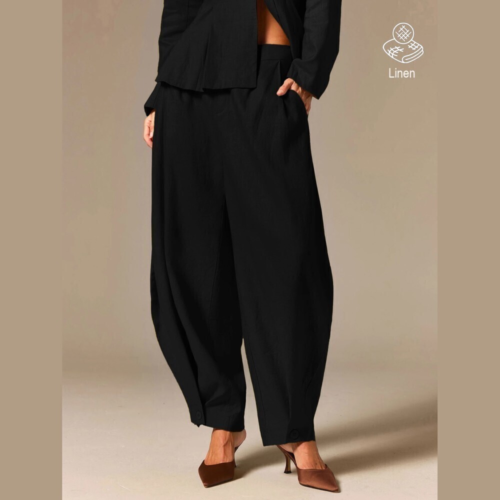 Black Linen Blend Woven Tapered Barrel Leg Trousers with Button Cuffs